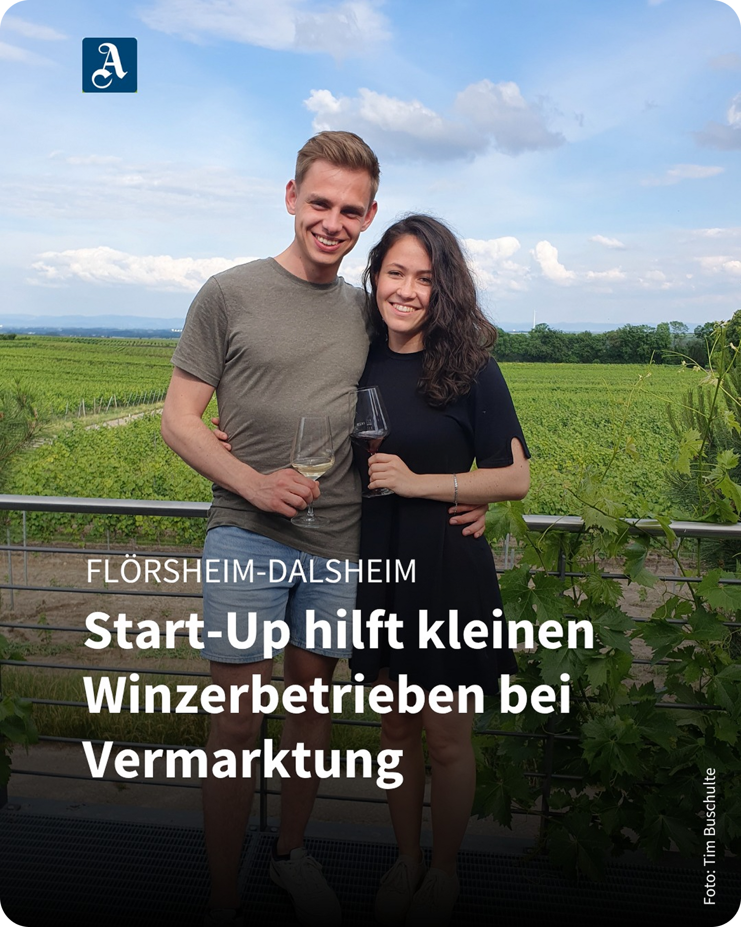 Sophie und Tim in der Allgemeinen Zeitung mit dem Artikel "Startup hilft kleinen Winzerbetrieben bei der Vermarktung"