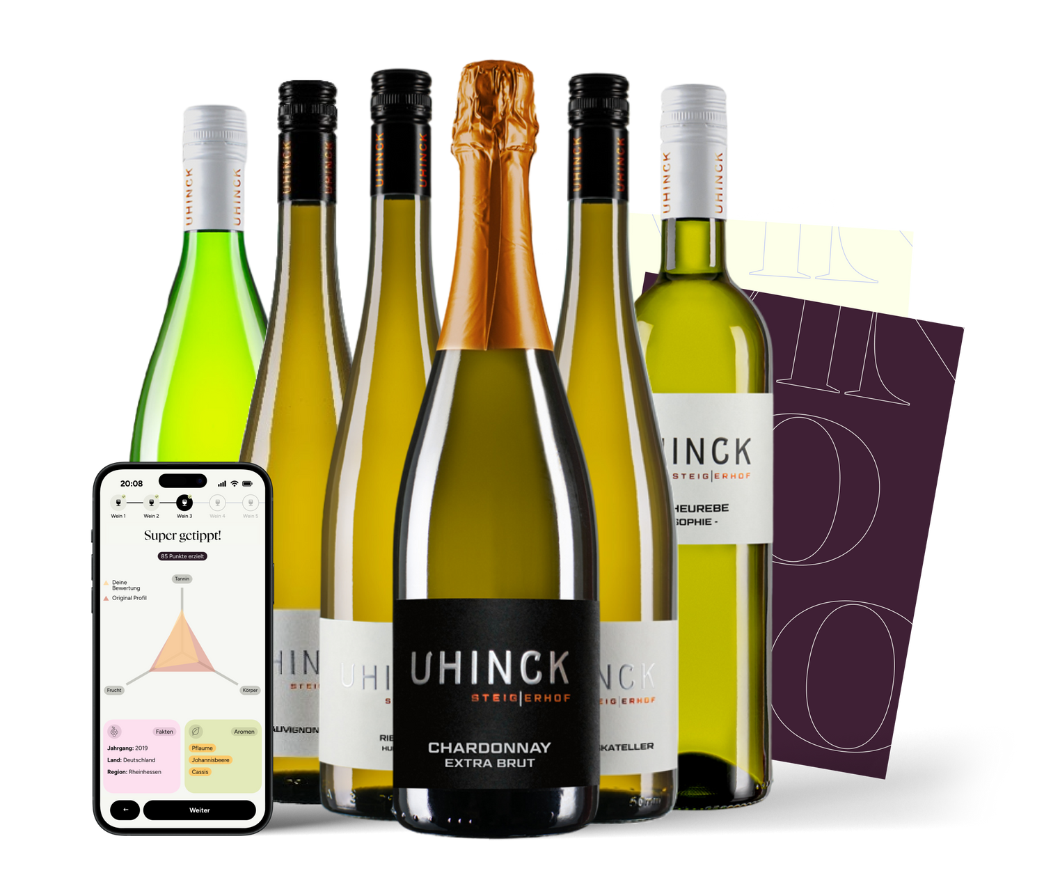 Produktbild der vinodo Weinprobe mit 6 Weinflaschen, Spielkarten und vinodo App